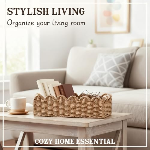 Upgraded Paper Rope Scalloped Edge Toilet Paper Storage Basket, Small Living Room, Bedroom Decor Baskets for Over Toilet Storage Shelf, End Table, Shelves and More, with 2 Wooden Handle (Neutral) - color: Neutral