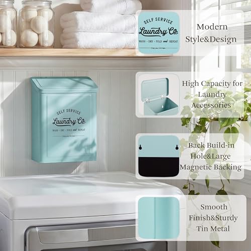 MONJITA Magnetic Lint Bin for Laundry Room, Metal Trash Can with Lid for Dryer, Farmhouse Lint Holder, Laundry Co Sign, Laundry Room Storage Decor with Dryer Lint Brush (Mint) - color: Mint