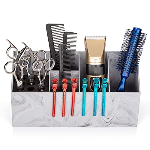 Noverlife Salon Shear Holder, Large Marble Pattern Hair Stylist Shears Rack Neat Desk Organizer, Professional Barber Scissor Holder Pet Grooming Storage Box Container Case for Clippers Combs Clips - color: Marble Style - White