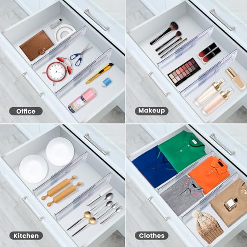 8 Pack Adjustable Drawer Dividers for Clothes,5" High Expandable From 13-21" Clear Drawer Organizers, PC Plastic Separators for Dresser/Bedroom/Bathroom/Kitchen/Office Storage - size: 8 PCS-5IN-T3-Clear