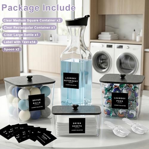 POLRAI Laundry Pod Containers and Dryer Sheet Holder and Laundry Detergent Dispenser Clear Laundry Room Organization and Storage with Wooden Lids Labels and spoon （2+1+1 Pack）