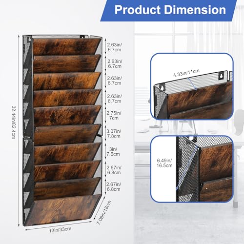 TQVAI 10-Pocket Hanging Wall File Organizer - Metal Folding Wall Mounted Mail Document Holder, Multi-Purpose Clipboard Storage Rack for Office, Homeschool, Classroom Organization, Black/Vintage - size: 10 Pockets