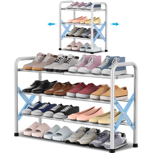 YEASHEIN 3-Tier Expandable Shoe Rack for Closet Floor, X-Frame Metal Small Shoe Rack for Entryway, Adjustable Shoe Shelf Organizer, Free Standing Shoe Racks for Front Door Entrance, Garage - White - color: White, size: 3 Tier
