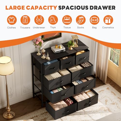 Sweetcrispy 9-Drawer Fabric Dresser Storage Tower with Wood Top and Steel Frame, Organizer Chest with Easy Pull Handles for Bedroom, Closet, Hallway,Classic Black - color: Black, size: 11.8"D x 39.6"W x 39.8"H (9 Drawers)