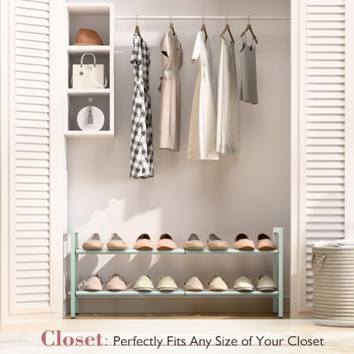 Bumusty 2-Tier Expandable Shoe Rack for Closet, 18“-33” Adjustable Shoe Rack for Small Space, Small Shoe Organizer for Front Door, Sturdy Metal, Green - color: Green, size: 2-Tier