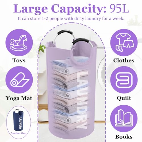 Set of 2 Large Laundry Baskets for Adult, 95L Collapsible Laundry Baskets with Aluminum Handles, Portable Dirty Clothes Hampers for Bedroom, Travel, Purple + Navy Blue - color: Purple + Navy Blue, size: L-95L