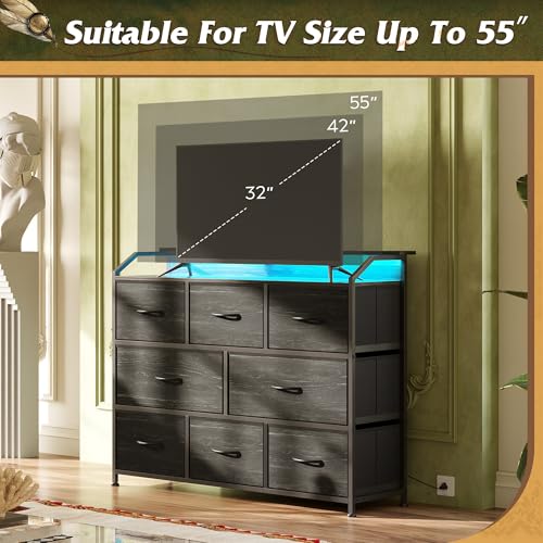 WLIVE Led Dresser for Bedroom, TV Stand for Bedroom with LED Lights and Power Outlet, Wide Chest of Drawers for Hallway, 8 Fabric Drawers for Living Room and Entryway, Charcoal Black Wood Grain Print - color: Charcoal Black Wood Grain Print, style: 8 Draw