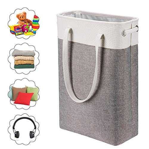 i BKGOO Laundry Basket with Handles white&Grey Coffee-Slim Laundry Bin Collapsible Dirty Clothes Basket Narrow Laundry Bag Foldable Dirty Hamper for Camping, Dorms, Apartments - color: white&Grey Coffee