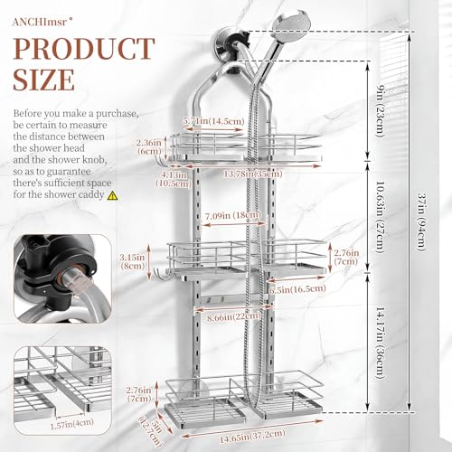 Adjustable Hanging Shower Caddy for Handheld Showerhead, 3-Tier Rustproof Shower Rack Baskets, Anti-Swing Hanging Shower Organizer for Bathroom Storage with 2 S-Hooks, Large Capacity, Silver - color: 3-Tier Silver
