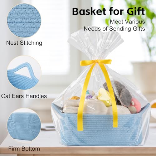 OIAHOMY Woven Basket, Gift Basket Empty with Gift Bags and Ribbons, Rope Baskets for Baby Showers, Storage Baskets with Handles for Nursery, Pet Toy Organizer - Blue - color: Blue, size: Medium: 13.5L*10W*6H