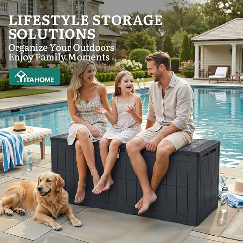 YITAHOME 134 Gallon Large Outdoor Storage Box with Lock, Waterproof Deck Box with Hydraulic Piston for Garden Tools, Pool Accessories & Cushions, Resin Deck Organizer with Bench Seat(Dark Gray) - color: Dark Gray, size: 134 Gallon, style: Deck Box