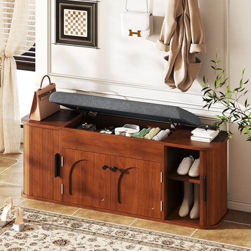 Einhomn 47.2'' Sliding Door Entryway Shoe Storage Bench with Seat Cushion, Shoe Rack with Lift-Top Hidden Storage & Adjustable Shelf, Bench for Bedroom End of Bed, Walnut - color: Walnut