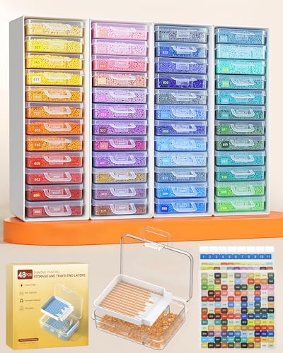 Redtwo 48pcs Diamond Painting Storage Containers Trays with Two Layers, 3-in-1 Diamond Painting Trays with Lids, Diamond Art Accessories, Diamond Art Drills Storage & Line-Up - style: 48-PCS