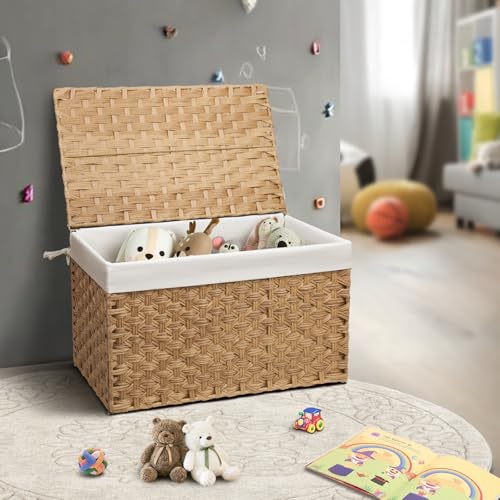 Wicker Storage Basket with Lid, 52.8 Gallon (200L) Large Blanket Basket with Lid, Woven Storage Bin with Handles, Removable Liner, Metal Frame, Foldable, for Bedroom, Laundry Room, Natural - color: Natural, size: 200L:19.7 x 31.5 x 19.7 Inches