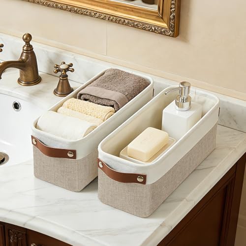 Bagnizer Small Fabric Storage Baskets, 15x6x5 inch Narrow Storage Bins 4-Pack Long Storage Basket for Organizing with Handles, Decorative Basket for Closets, Shelves, Toilet Paper, Beige - color: Beige / Off-White, size: Narrow-15"x6"x5"