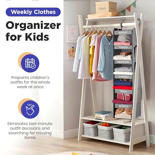 Handy Laundry Hanging Clothes Organizer for Kids - 6-Shelf Closet Daily Clothing Organization Labeled Shelves with Days of The Week Monday Through Friday, Weekday and Weekend (Grey) - color: Grey