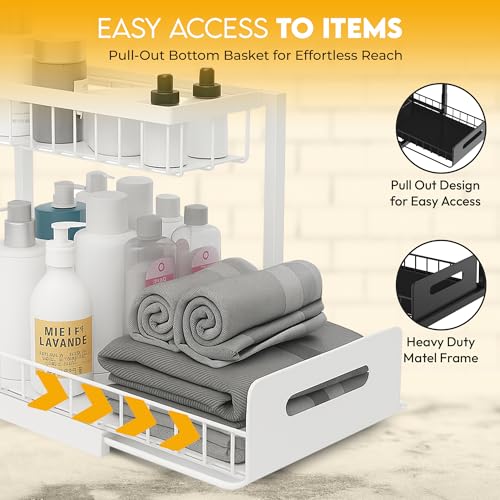 MORTALHARTS Under Sink Organizer – 1 Pack 2-Tier Sliding Storage Rack – Pull-Out Cabinet Organizer with Adjustable Metal Shelf, L-Shaped Design for Kitchen, Bathroom & Laundry Cabinets - color: White