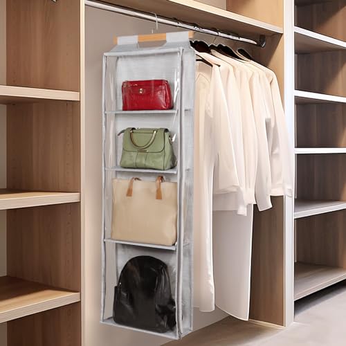 Syeeiex Hanging Handbag Purse Organizer with Zippers, Clear Slubbed Fabric+PVC Hanging Closet Bag Organizer, 4 Mesh Shelves,Dustproof Handbag Closet Tote Storage Bag for Door, Wardrobe, Shelf Rack - color: Grey-4 Shelves