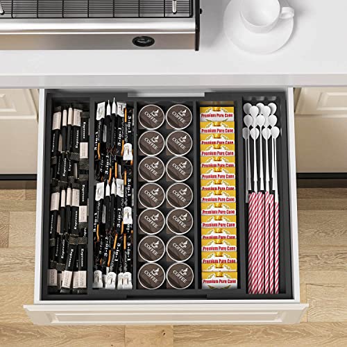 Kitchen Utensil Organizer Silverware Tray - Bamboo Flatware Organizer Expandable 5 Slots Multipurpose Silverware Organizer for Office Storage Garage Organization W13.7"-19.9" x L17.6" X H2.5" (Black) - color: Black