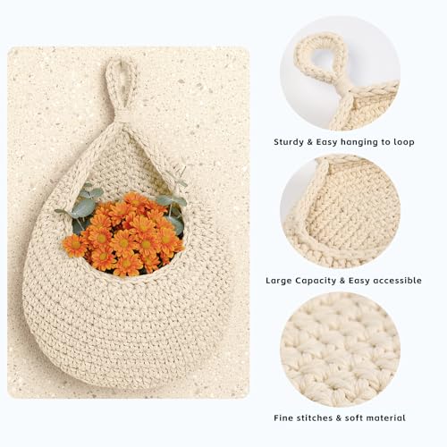 Hanging Storage Baskets Boho Decor Set of 3, Handmade Cotton Rope Wall-Mounted Fruit & Vegetable Baskets, Decorative Hanging Organizers for Kitchen, Entryway, Bathroom & Bedroom - color: Off White