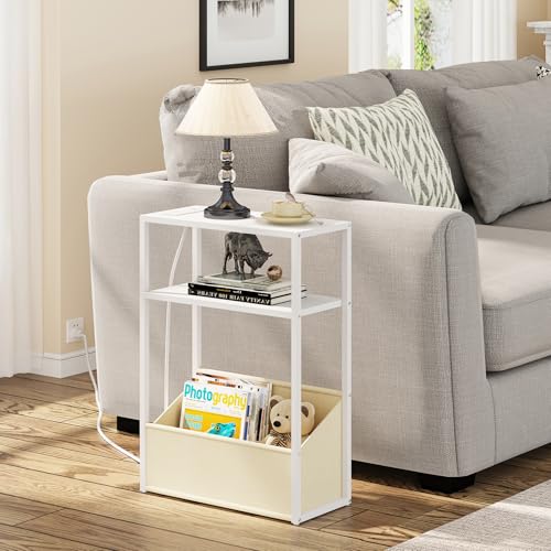 TUTOTAK Narrow Side Table, Small End Table with Charging Station, Nightstand with Fabric Basket, Bedside Table for Small Space, Livingroom, Bedroom White TB01BW095 - color: White