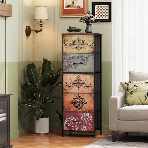 WLIVE Fabric Dresser, 5-Drawer Tall Dressers for Bedroom, Storage Dresser Organizer with Fabric Bins, Wood Top, Sturdy Steel Frame, Chest of Drawers for Closet, Hallway, Pattern - color: Pattern