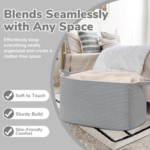 Goodpick Large Toy Basket for Blankets, Baby Laundry Basket, Storage Baskets for Organizing, Laundry Hamper for Dirty Clothes, Towel, Woven Rope Storage Baskets, 21.6" x 14.9" x 11.8", Gray - color: Grey, size: Large(21.6"L x 14.9"W x 11.8"H)