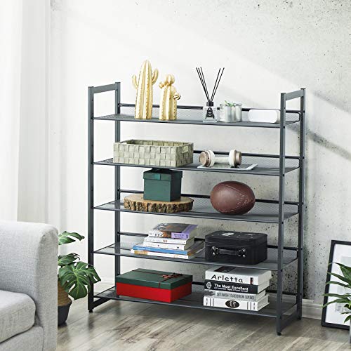 SONGMICS Shoe Rack, 5-Tier Shoe Organizer, Metal Shoe Storage for Garage, Stackable Shoe Shelf, with Adjustable Flat or Angled Shelves, 20-25 Pairs, Charcoal Gray ULMR05GB - color: Charcoal Gray, size: 5 Tiers (36.4''W)