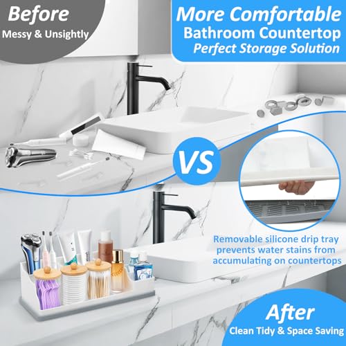 Bathroom Counter Organizer, Large White Silicone Toothbrush Holders for Bathrooms with 3PCS Qtip Holder, Bathroom Organizer Countertop Toothbrush and Toothpaste Holder for Makeup Organizer for Vanity - color: White Grey With 3pcs Dispenser