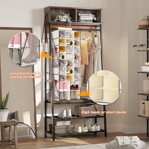 VERONLY Hanging Shoe Organizer for Closet-Collapsible Storage Rack with 25 Sections & 4 Side Pockets, Hanging Shoe Shelves for Hats,and Clothes, Beige - style: 3-Column Beige