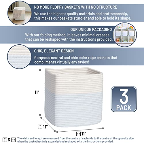 NaturalCozy Storage Cubes 11 Inch Cotton Rope Woven Baskets for Organizing, 3-Pack | Cube Storage Bin | Square Storage Baskets for Shelves Organizer, Classroom, Kids Toy Bins, Closet, Baby Nursery - color: Off White & Mixed Blue