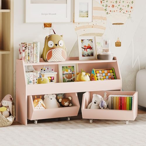Fulhope Toy Storage Organizer for Kids, Toy Storage Cabinet with Drawers, Boys and Girls Toy Shelf with Wheels, Toy Organizer Kids Bookshelf with Storage for Nursery, Playroom, Bedroom (Light Pink) - color: Light Pink