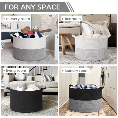 INDRESSME 115L Extra Large Cotton Rope Blanket Basket, Woven Basket for Toy Storage Organizer & Laundry Toy Box for Living Room Area & Nursery Room, Black & Grey - color: Black & Grey, size: 23.6"D x 15.7"H