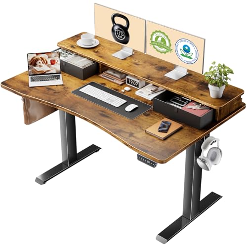 Veken 47.2"×27.6" Standing Desk with Storage Drawers, Adjustable Height Computer Table with Monitor Shelf, Home Office Desk for Study, Gaming, Workstation, Brown - color: Brown