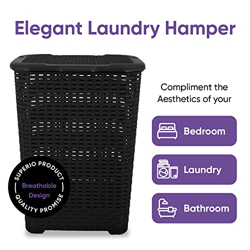 Plastic Laundry Hamper with Lid 3 Pack Laundry Hamper Basket, Black Tall Cloths Hamper Organizer with Cut-out Handles. Space Saving for Laundry Room Bedroom Bathroom, Wicker Design 60 Liter - color: Black, size: 3-pack