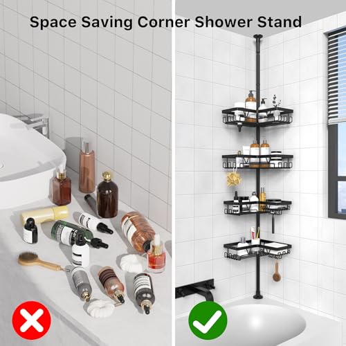 KEGII Corner Shower Caddy Tension Pole - Shower Tension Rod Organizer, Floor to Ceiling Shower Caddy 25-114.2 inch, Towel Rack Corner Waterproof, Black - style: Tension Caddy - Black