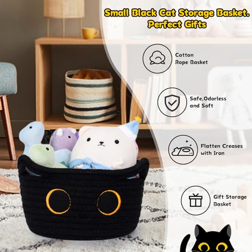 Small Storage Basket, Black Cat Cotton Rope Baskets Woven Blasket for Nursery, Blanket Basket Baby Toy Storage Organizer With Ears for Gifts Cat Dog Bin Toys 8.5×4.5 inches - color: Black, size: 9 × 5 inches