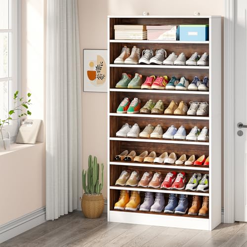 Tribesigns Tall Shoe Cabinet, 9 Tiers 40-45 Pairs Heavy Duty Wood Freestanding Shoe Storage Cabinet, 70.8'' Tall Shoe Cabinet with Open Storage for Entryway (1, White/Brown) - color: White/Brown