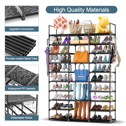 Kottwca 3 Row 10 Tier Large Shoe Rack Organizer for Closet Entryway, 60-65 Pair Shoe Boot Storage Rack, Metal Shoe Shelf Tall Vertical Stackable Shoe Stand for Bedroom Corner - size: 3 Row 10 Tier