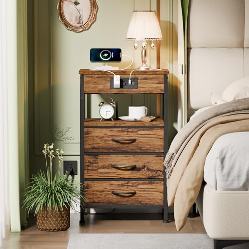 Furnulem Night Stand with Charging Station, USB Ports and Outlets, 28.3 Inch Tall Bedside Table with Wood Shelf, 3 Fabric Drawers Side Table for Bedroom, 3 Ways to Use, Rustic Brown - color: Rustic Brown, size: 3 Drawer