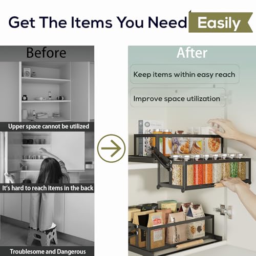HOUSE AGAIN 2 Tier Pull Out&Down Cabinet Organizer, Drop Down Spice Rack Shelf Easy Reach for Upper Kitchen Cabinet, Slide Out Storage Basket Drawer with Handle for Pantry/Cupboard/Office, 2 Fix Mode