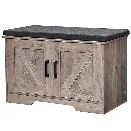 HOMSHO 2-Tier Storage Bench, 27.6" Wide Shoe Bench with Padded Seat Cushion, Entryway Bench with 2 Barn Doors and Adjustable Shelf, Greige - color: Greige, size: 27.6" Wide