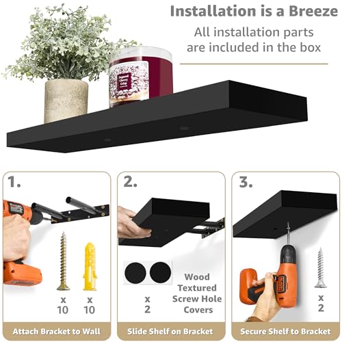 Sorbus Floating Shelves for Wall - 24" Bathroom Shelves, Wall Decor for Bedroom, Kitchen, Living Room, Home Decor & Book Storage - Mounted Floating Shelf with Invisible Brackets (Black, 2 Pack) - color: Black, size: 2 Pack