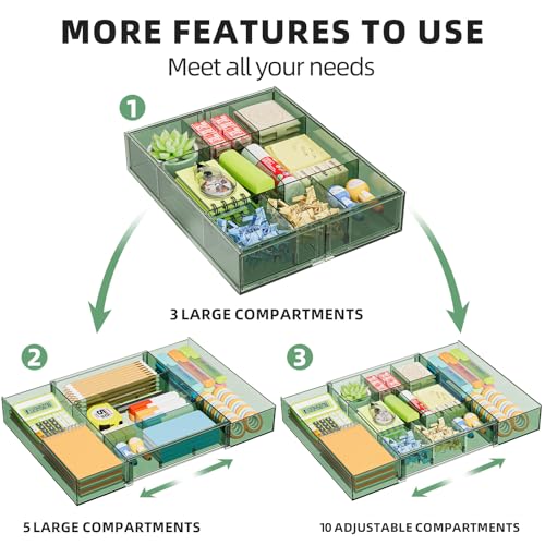 Marbrasse Expandable Desk Drawer Organizer, Clear Plastic Drawer Organizer Tray with 10 Adjustable Compartments, Desk Organizers and Accessories, 5 Drawer Dividers for Office Supplies(Clear Green) - color: Clear Green