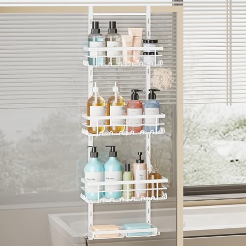 SWTYMIKI Over The Door Shower Caddy - 4 Tier Rustproof Hanging Shower Organizer with Adjustable Shelves, 40 Hooks & Soap Holder, Hanging Shower Rack Storage for Bathroom Accessories, White - color: White