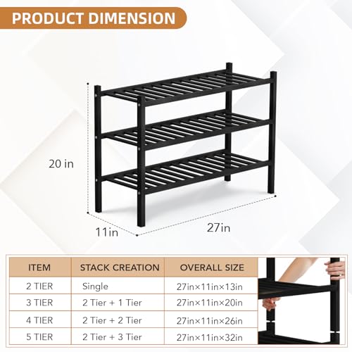 3 Tier Bamboo Shoe Rack Storage Organizer for Closet, Multifunctional Stackable Free Standing Shoe Shelf Organizer for Small Space,Entryway,Hallway,Bathroom 27"x11"x20" (Black, 3 Tier) - color: Black, size: 3 Tier