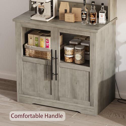 IDEALHOUSE Bakers Rack With Storage Cabinet, Microwave Stand With Power Outlets, Farmhouse Bakers Rack With Thick Table Top, Small Kitchen Pantry for Kitchen,Dining Room,Retro Gray - color: Retro Gray, size: with 2 Glass Door