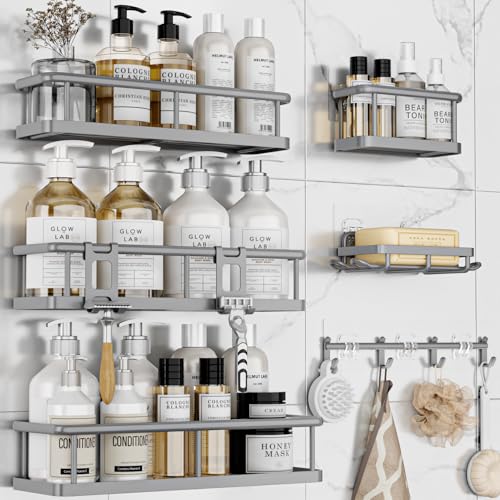 YASONIC Shower Caddy, 6 Pack Large Capacity shower Organizer with Soap Holder and 12 Hooks, Rustproof Shower Shelves for Inside Shower, No Drilling&Sleek Bathroom Organizers and Storage Grey - color: Grey, size: XL