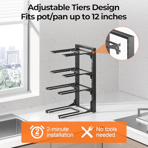 MUDEELA Pots and Pans Organizer under Cabinet 15.75" Tall, 4-Tier Heavy Duty Pan Organizers inside Cabinet Kitchen Storage, Adjustable Pot Rack Holds up to 44 LB Cast Iron Skillets Shallow Cookware - style: 4-Tier
