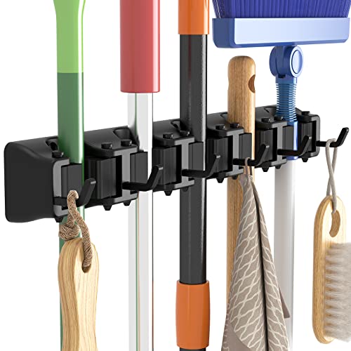 Lifewit Mop and Broom Holder Wall Mount, Anti-Slip Broom Hanger for Cleaning Supplies Organizer, Easy Install Tool Hanging Rack for Closet, Kitchen, Garage, 5 Slot 6 Hooks, Hold 30lbs, Black, 1 Pack - color: Black